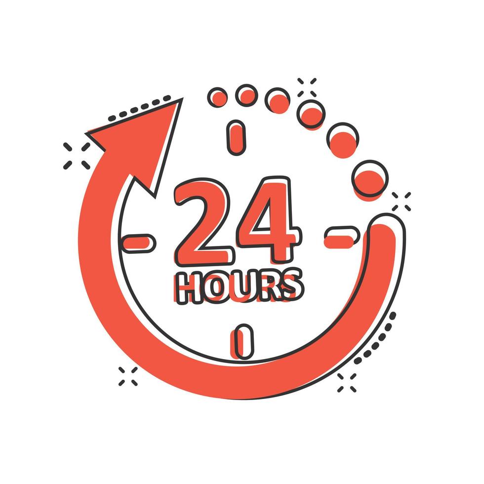 24 hours service icon in comic style. All day business and service cartoon vector illustration on isolated background. Quick service time splash effect sign business concept.