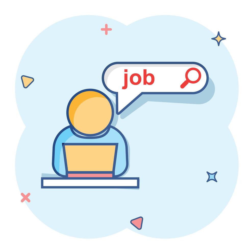 Search job vacancy icon in comic style. Laptop career vector cartoon illustration on white isolated background. Find vacancy business concept splash effect.