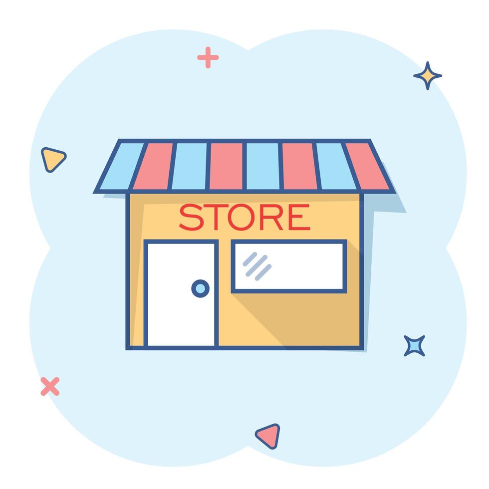 icono de la casa de la tienda de dibujos animados vectoriales en estilo cómico. pictograma de ilustración de signo de tienda. concepto de efecto de salpicadura de negocio de mercado de tiendas. vector