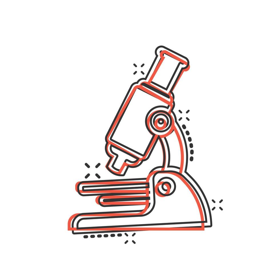 icono de microscopio en estilo cómico. Ilustración de vector de dibujos animados de lupa de laboratorio sobre fondo aislado. concepto de negocio de signo de efecto de salpicadura de instrumento de biología.