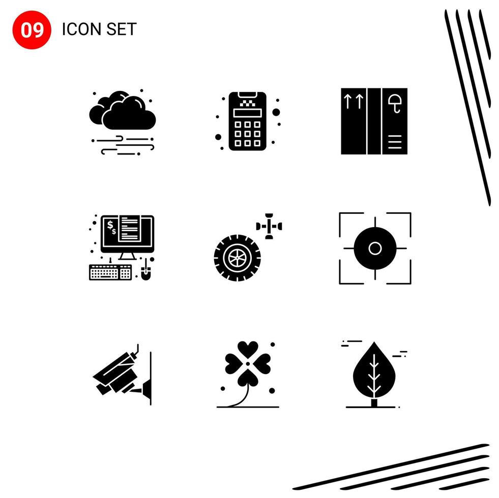 Pack of 9 creative Solid Glyphs of aim service package car percent Editable Vector Design Elements