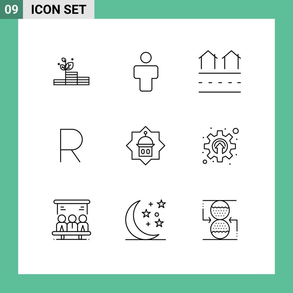 Set of 9 Vector Outlines on Grid for mosque currency estate african residences Editable Vector Design Elements