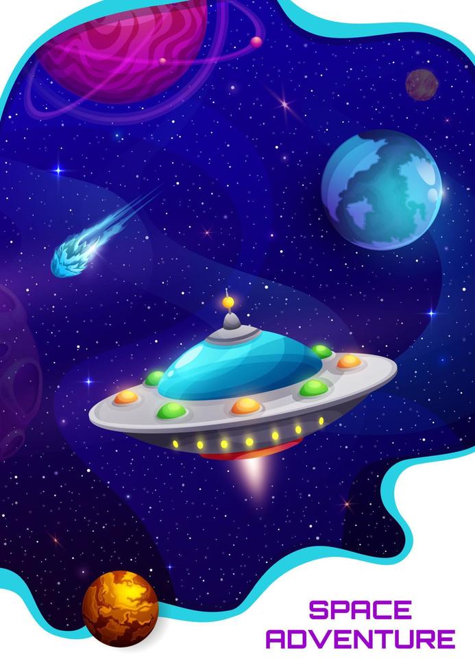 Cartoon alien space UFO in starry universe poster vector