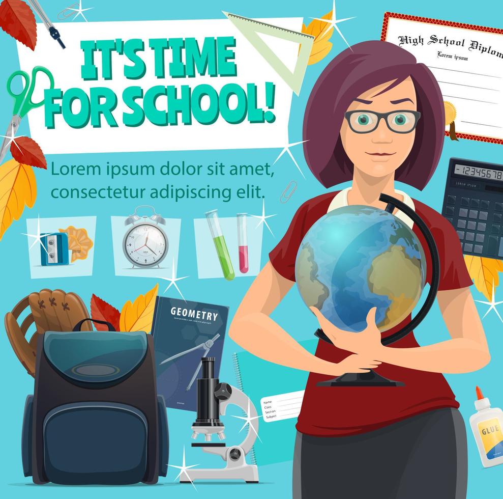 School time poster. Teacher and study stationery vector