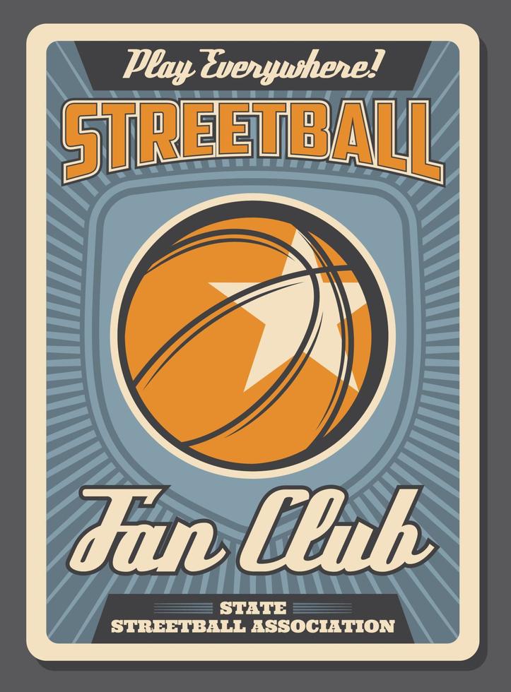 cartel retro del vector del club de fans del deporte de streetball