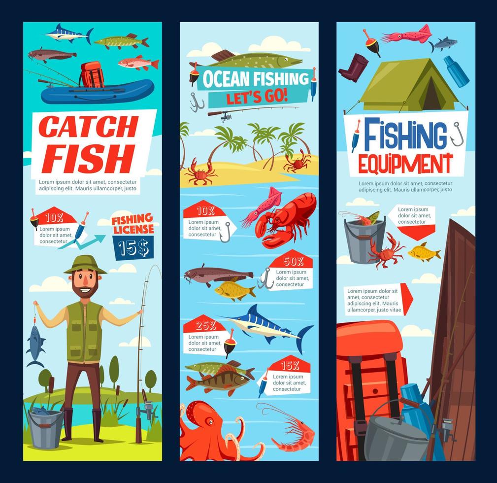 banners de aparejos de equipos de pesca y captura de pescadores vector