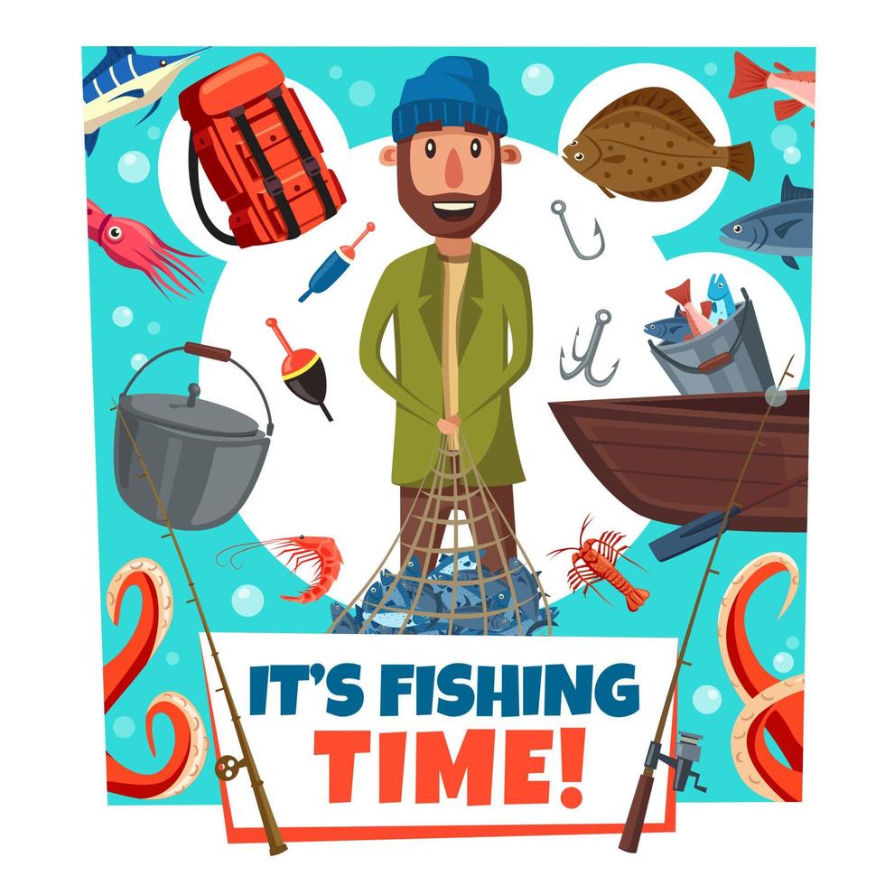 Fishing time fisher man lures and tackles, cartoon vector