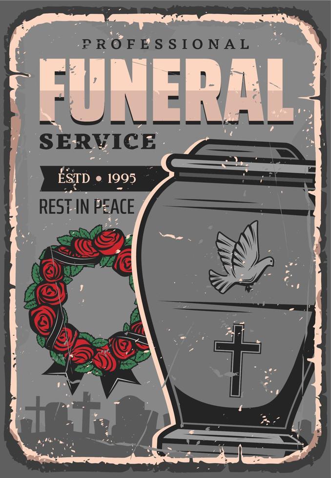 Funeral service, burial urn of dust, rose wreath vector