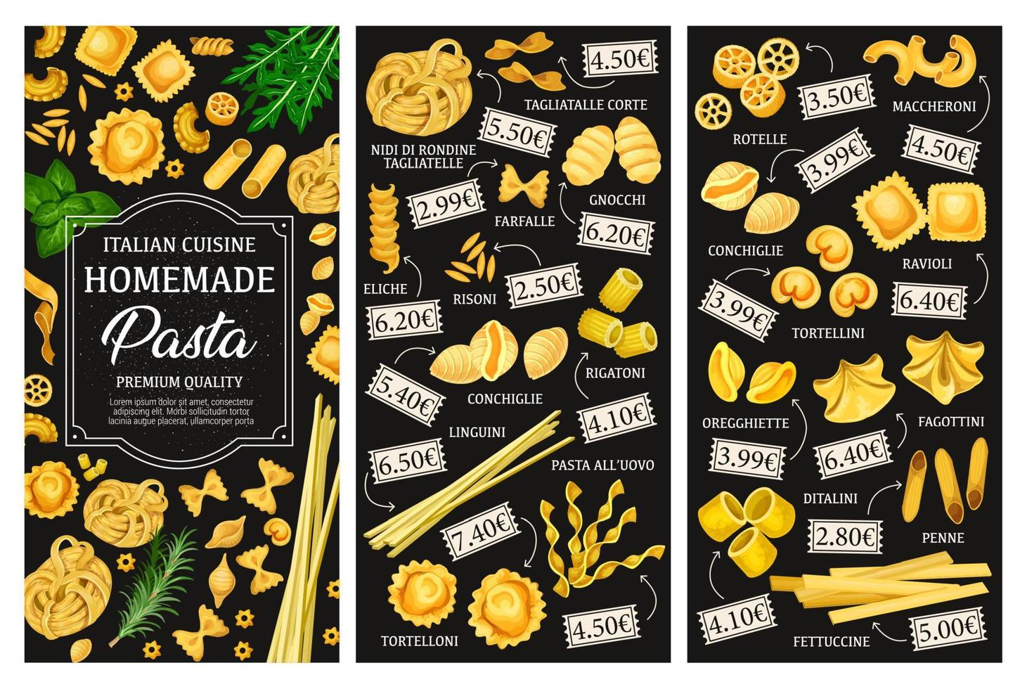 Pasta types menu, Italian cuisine vector