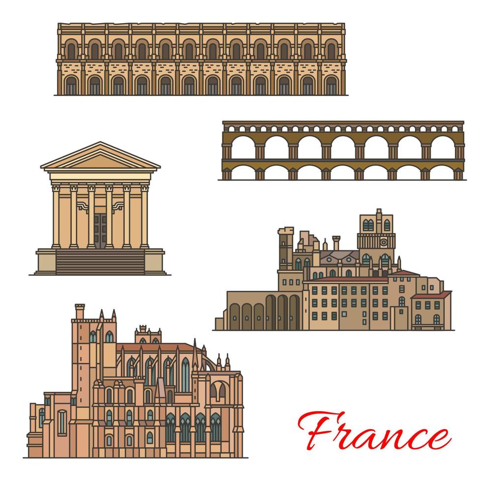 French travel landmarks with buildings and bridges vector