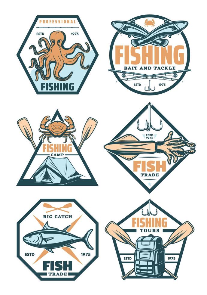 insignias deportivas de pesca e íconos con peces y anzuelos vector