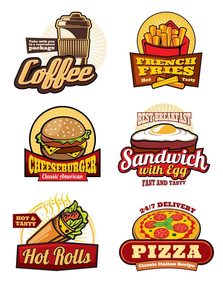 Fast food restaurant meal retro labels design 16142382 Vector Art at ...