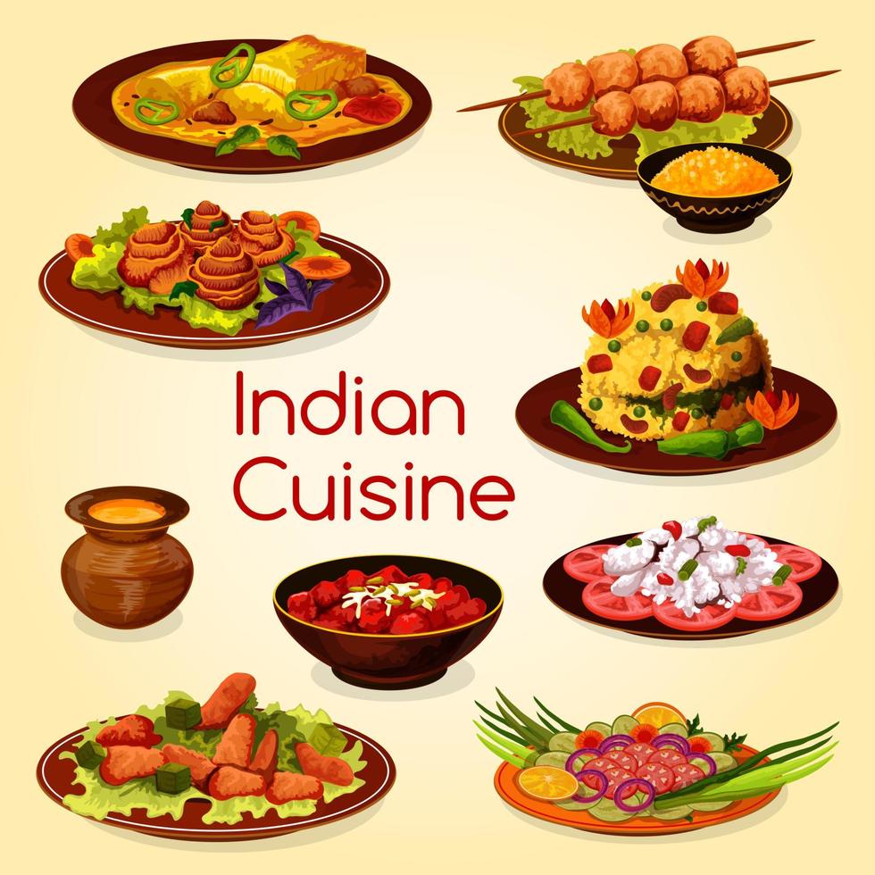 Indian cuisine with meat and vegetable dishes vector