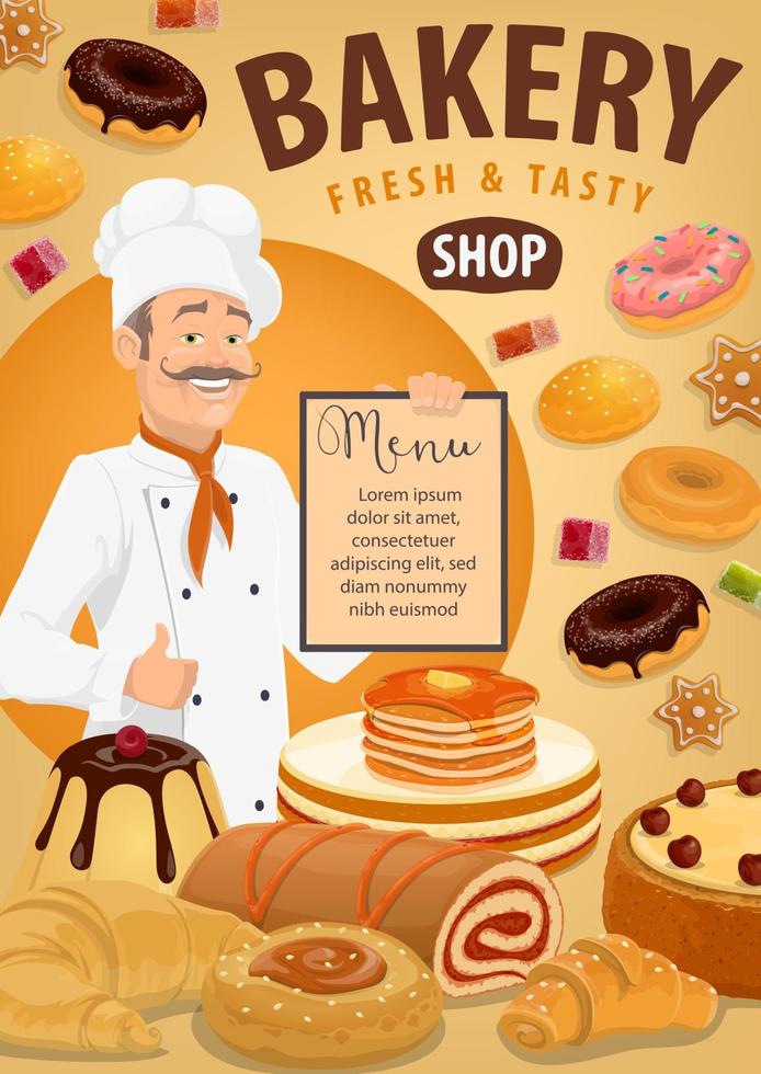 Bread, pastries, croissant with baker. Bakery shop vector