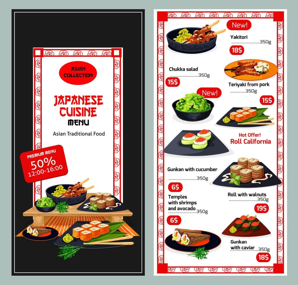 Japanese or asian cuisine restaurant menu template vector