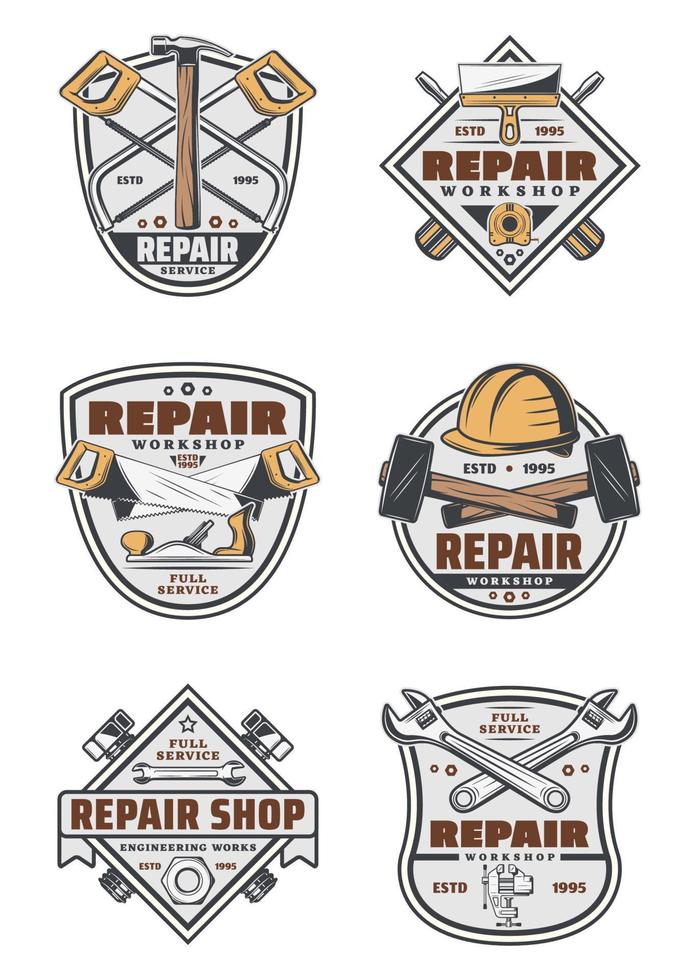 House repair service vintage badges with tools vector