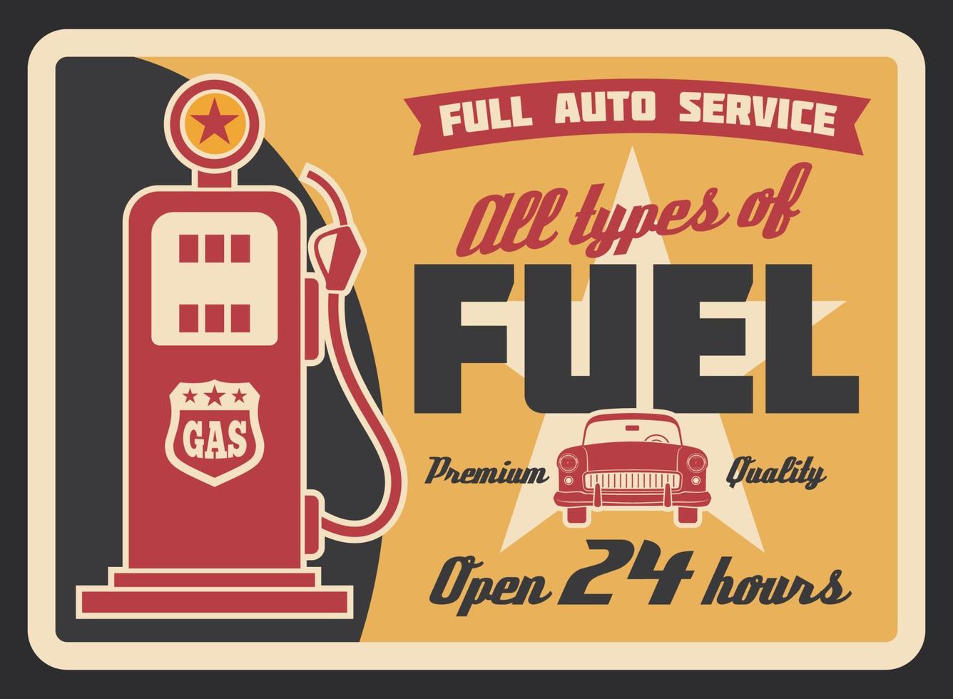 banner retro de gasolinera con bomba de gasolina y coche vector