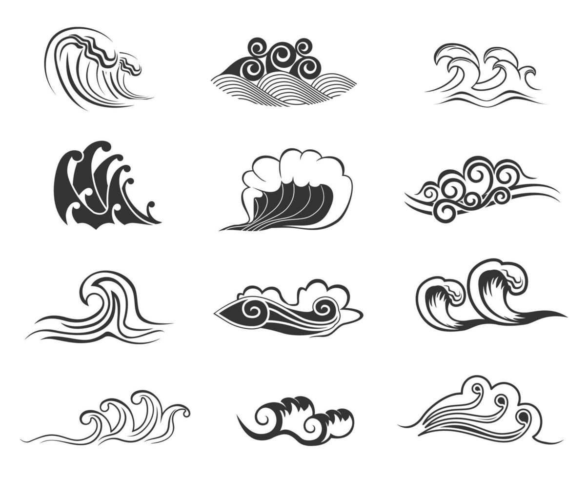 símbolos retro de las olas del mar y del océano con remolino de agua vector
