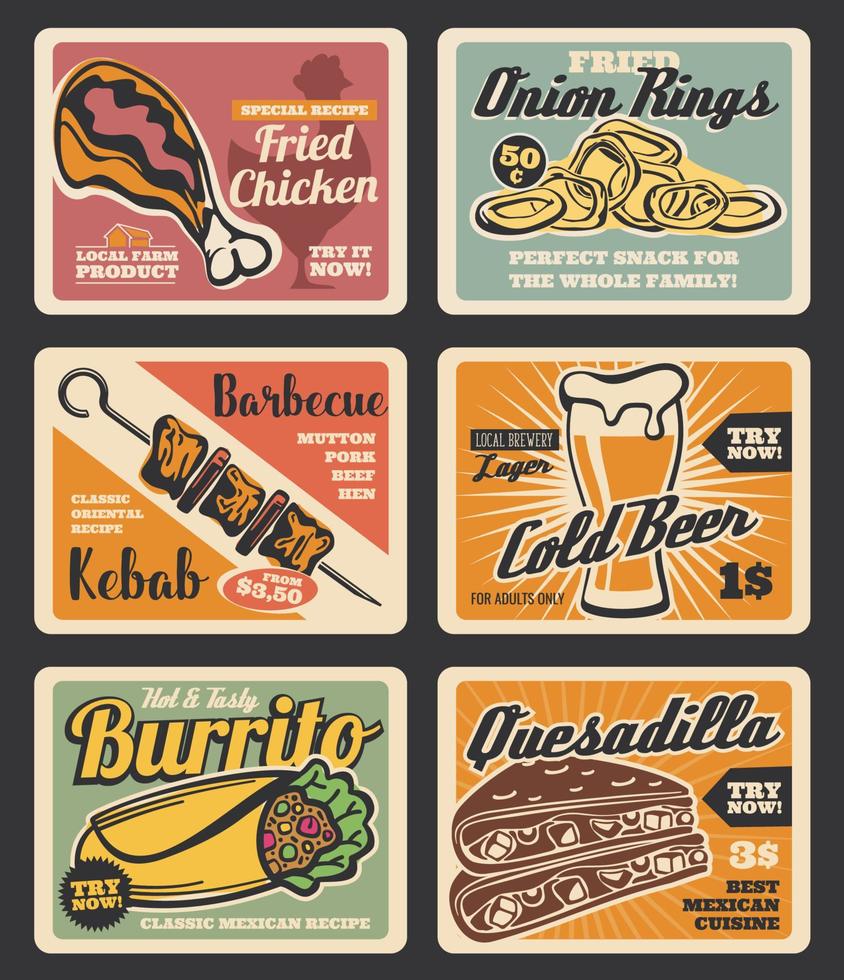 Fast food meal and drinks vintage menu cards vector