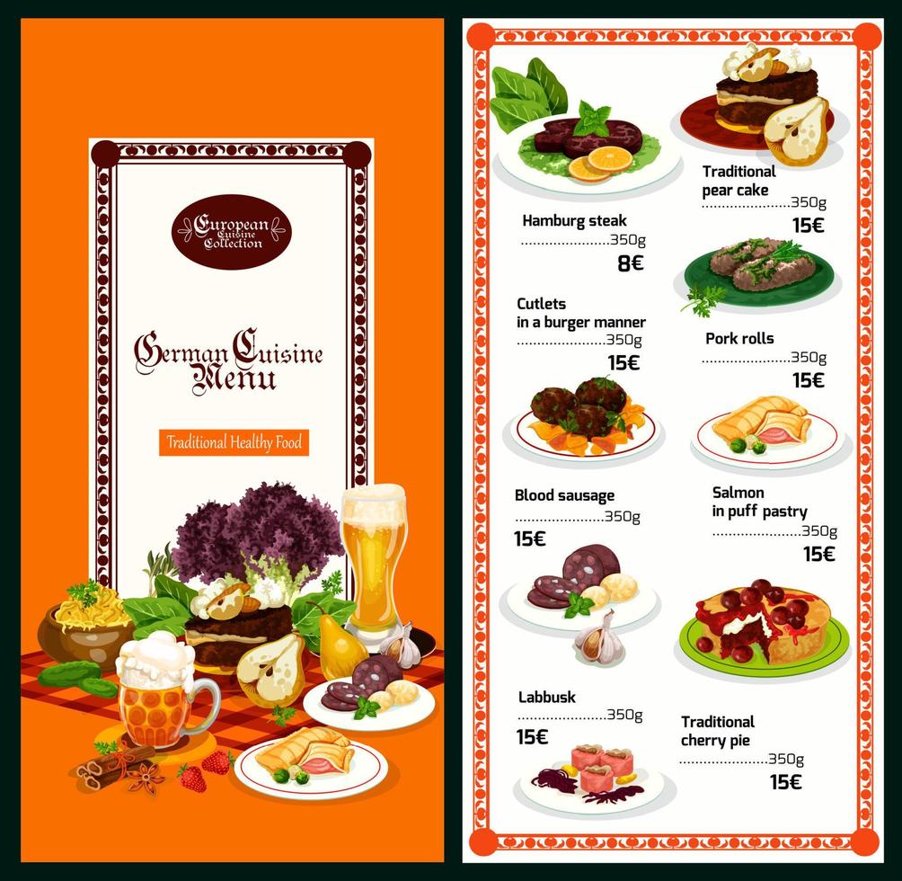 German restaurant menu with bavarian cuisine dish vector