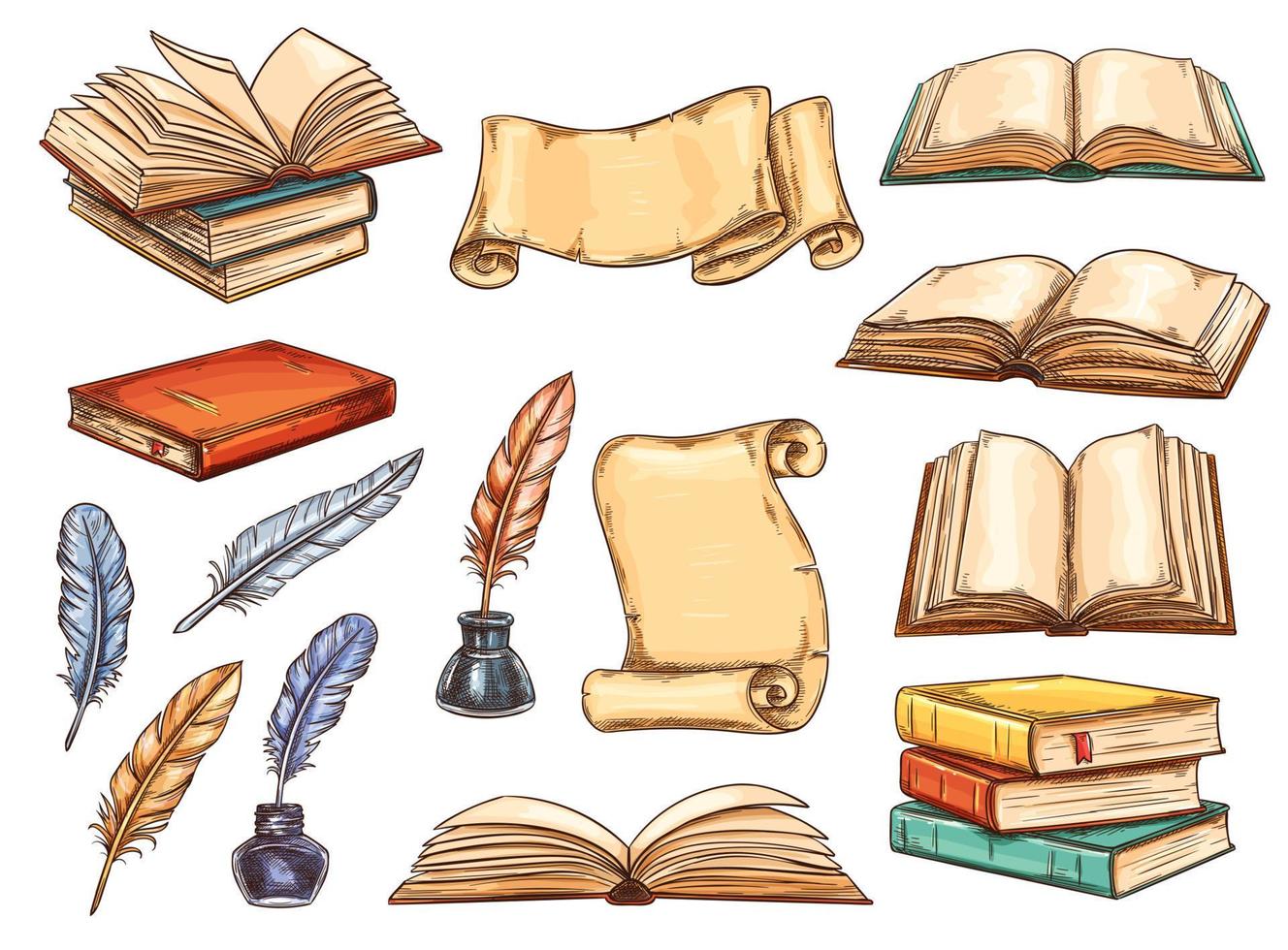 Old book, scroll and vintage feather pen sketch vector