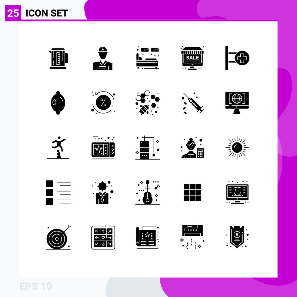 Universal Icon Symbols Group of 25 Modern Solid Glyphs of medical sale bed online frame Editable Vector Design Elements