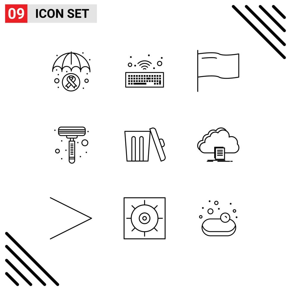 Set of 9 Modern UI Icons Symbols Signs for cloud garbage flag environment shaving Editable Vector Design Elements