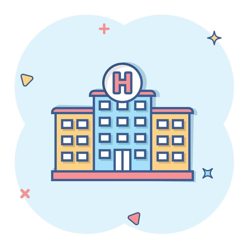 icono del edificio del hospital en estilo cómico. ilustración de vector de dibujos animados de clínica médica sobre fondo aislado. concepto de negocio de signo de efecto de salpicadura de medicina.