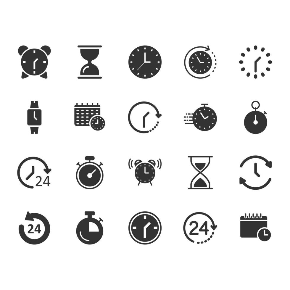 Time icon set in flat style. Agenda clock vector illustration on white isolated background. Sandglass, wristwatch timer business concept.