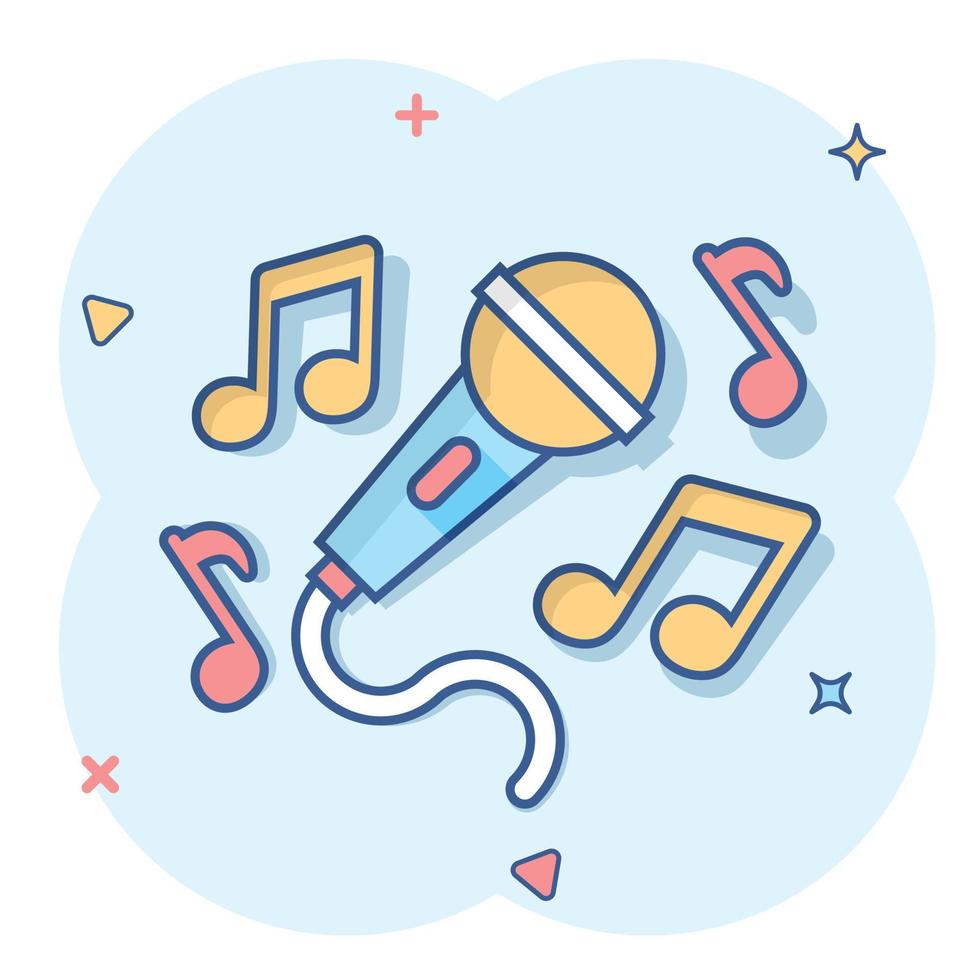Karaoke music icon in comic style. Microphone speech vector cartoon illustration on white isolated background. Audio equipment business concept splash effect.