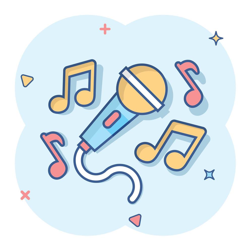 icono de música de karaoke en estilo cómico. ilustración de dibujos animados de vector de voz de micrófono sobre fondo blanco aislado. efecto de salpicadura de concepto de negocio de equipo de audio.