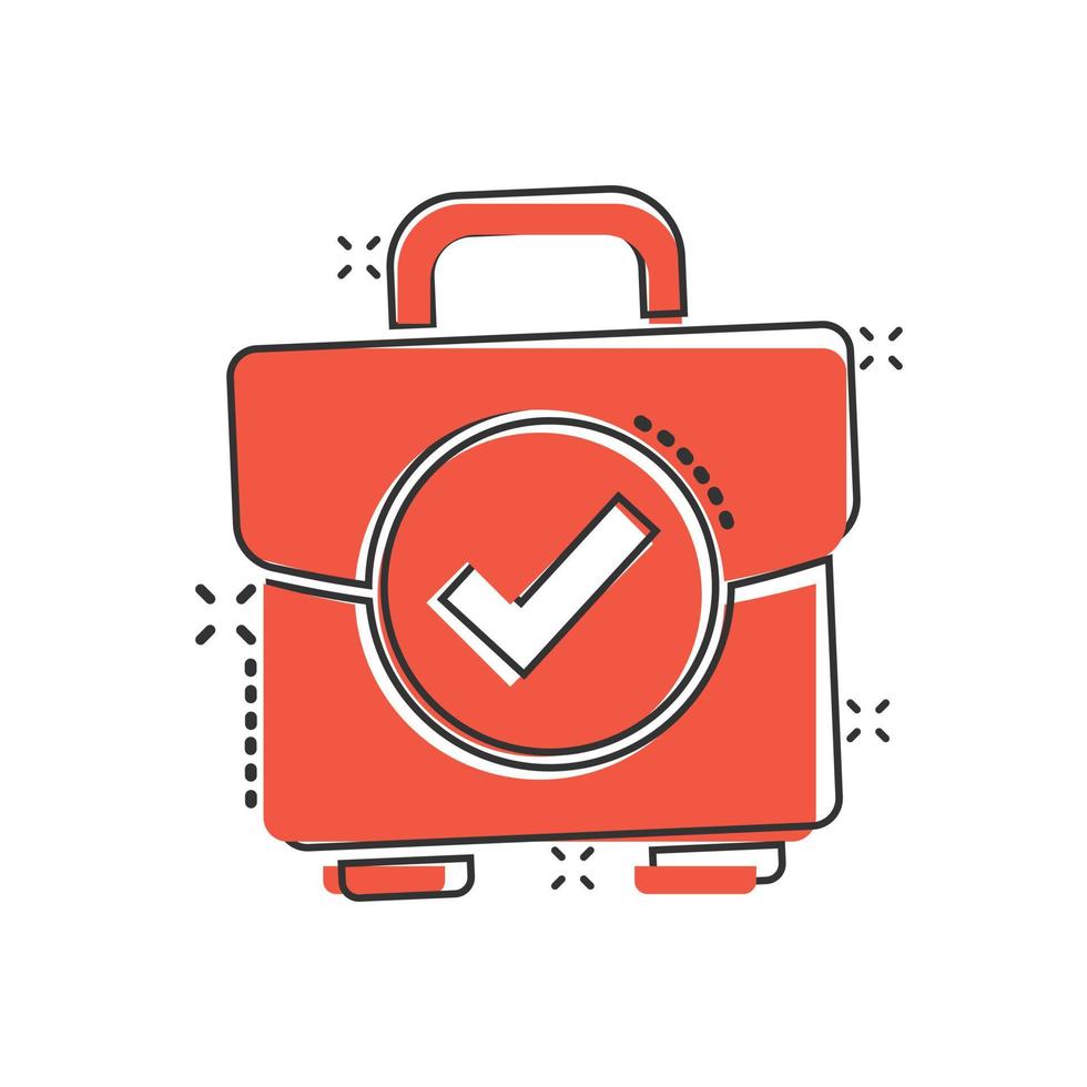 Briefcase accept icon in comic style. Portfolio approval cartoon vector illustration on white isolated background. Confirm splash effect business concept.