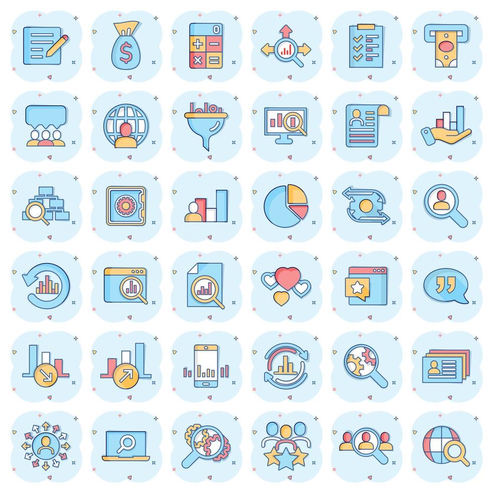Global money icon set in comic style. Global information cartoon vector illustration on white isolated background. Finance data splash effect business concept.