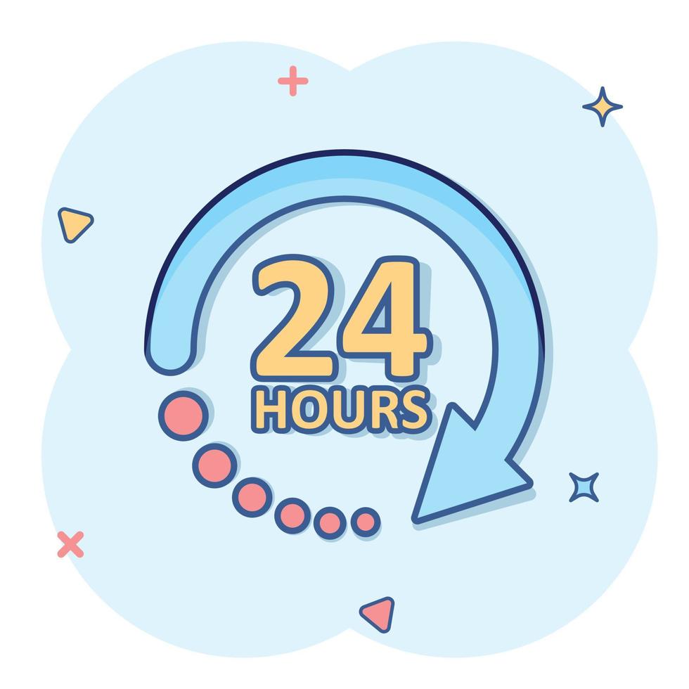 24 hours service icon in comic style. All day business and service cartoon vector illustration on isolated background. Quick service time splash effect sign business concept.