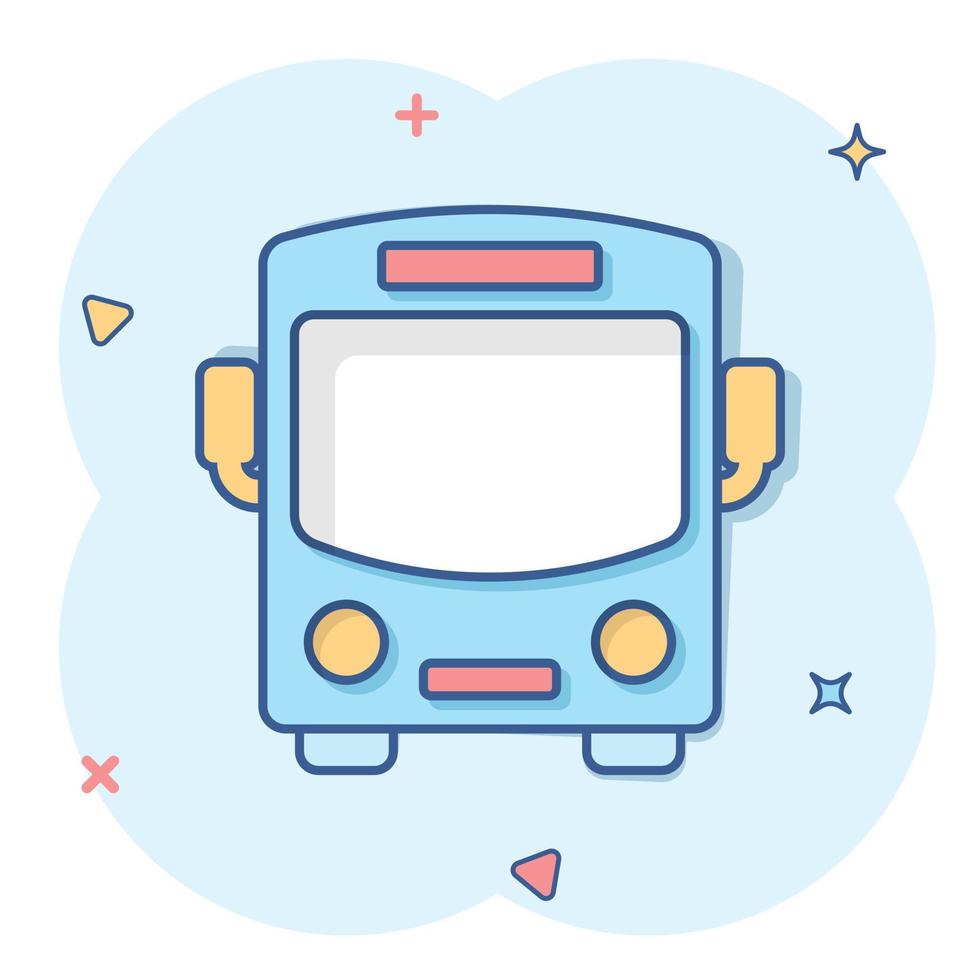 Bus icon in comic style. Coach car cartoon vector illustration on white isolated background. Autobus splash effect business concept.
