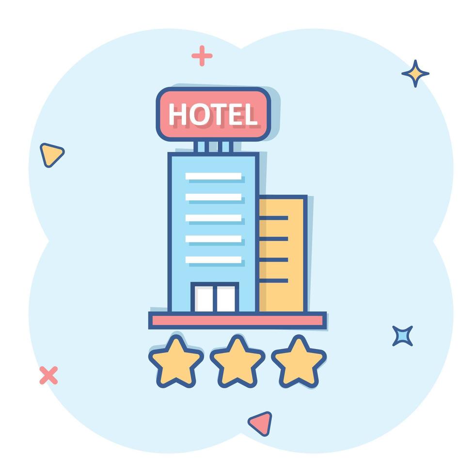 Hotel 3 stars sign icon in comic style. Inn building cartoon vector illustration on white isolated background. Hostel room splash effect business concept.