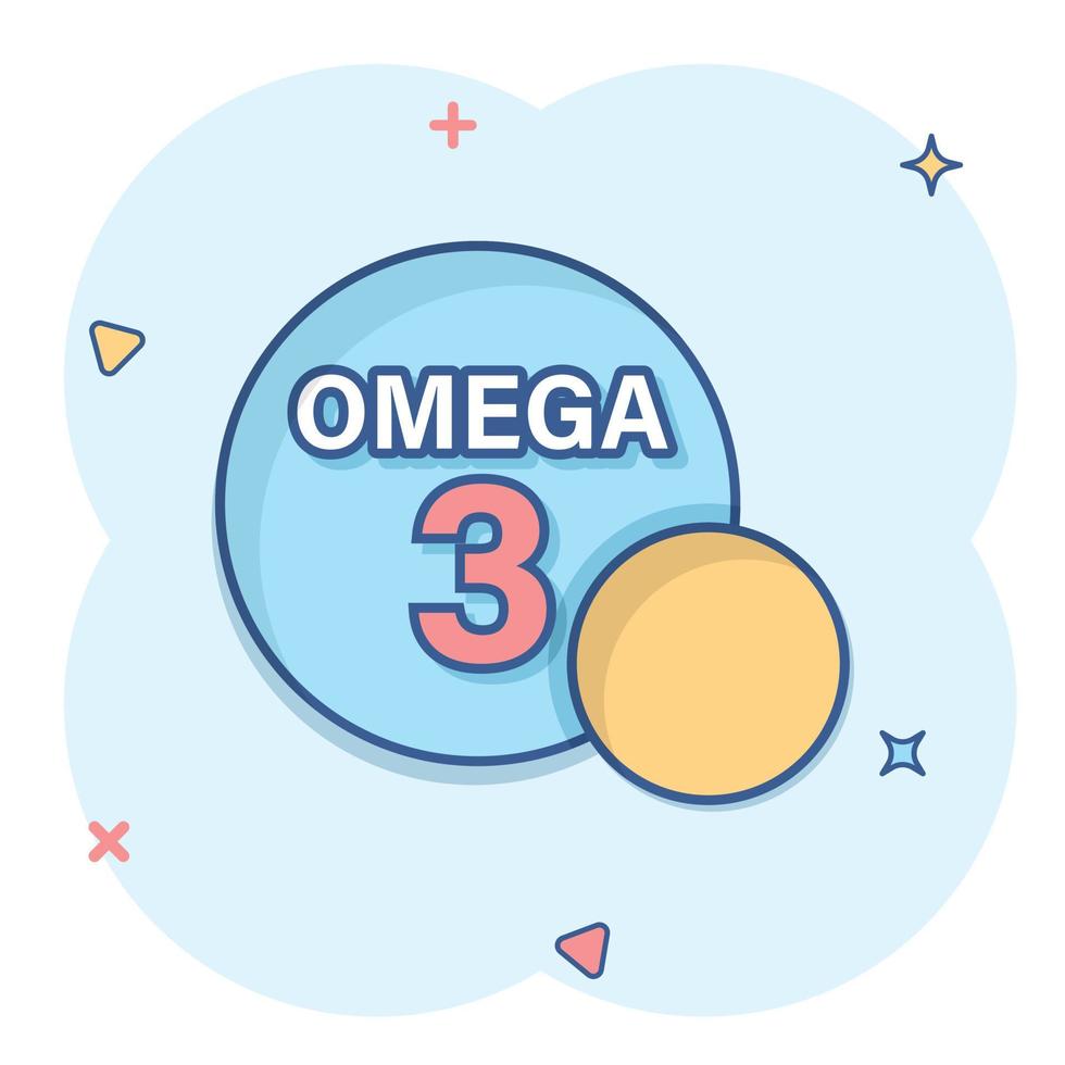 icono omega 3 en estilo cómico. ilustración de vector de dibujos animados de cápsula de píldora sobre fondo blanco aislado. concepto de negocio de efecto de salpicadura de pescado de aceite de nutrientes de vitamina orgánica.