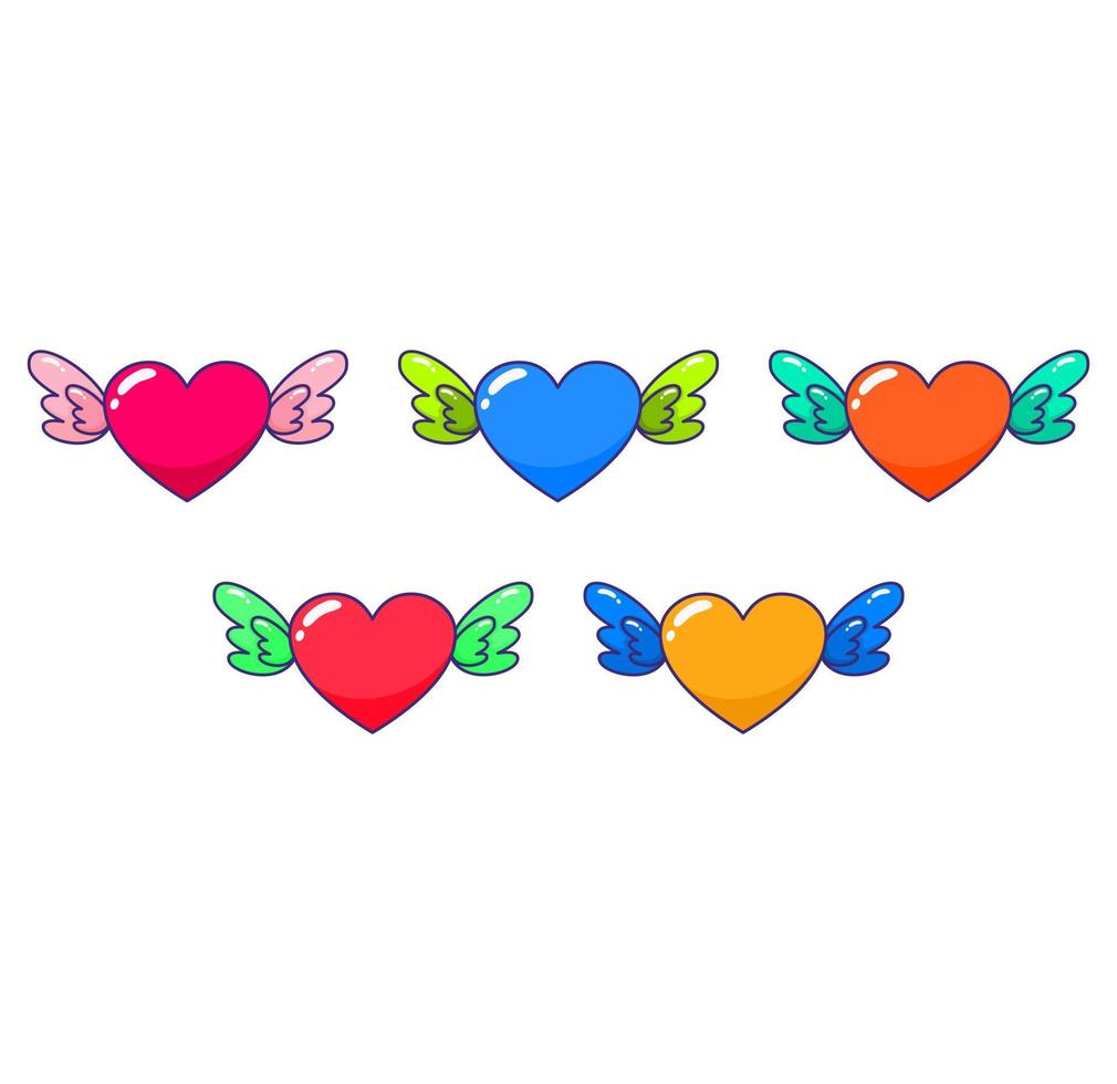 vector illustration collection of cartoon symbols of heart with wings in various colors