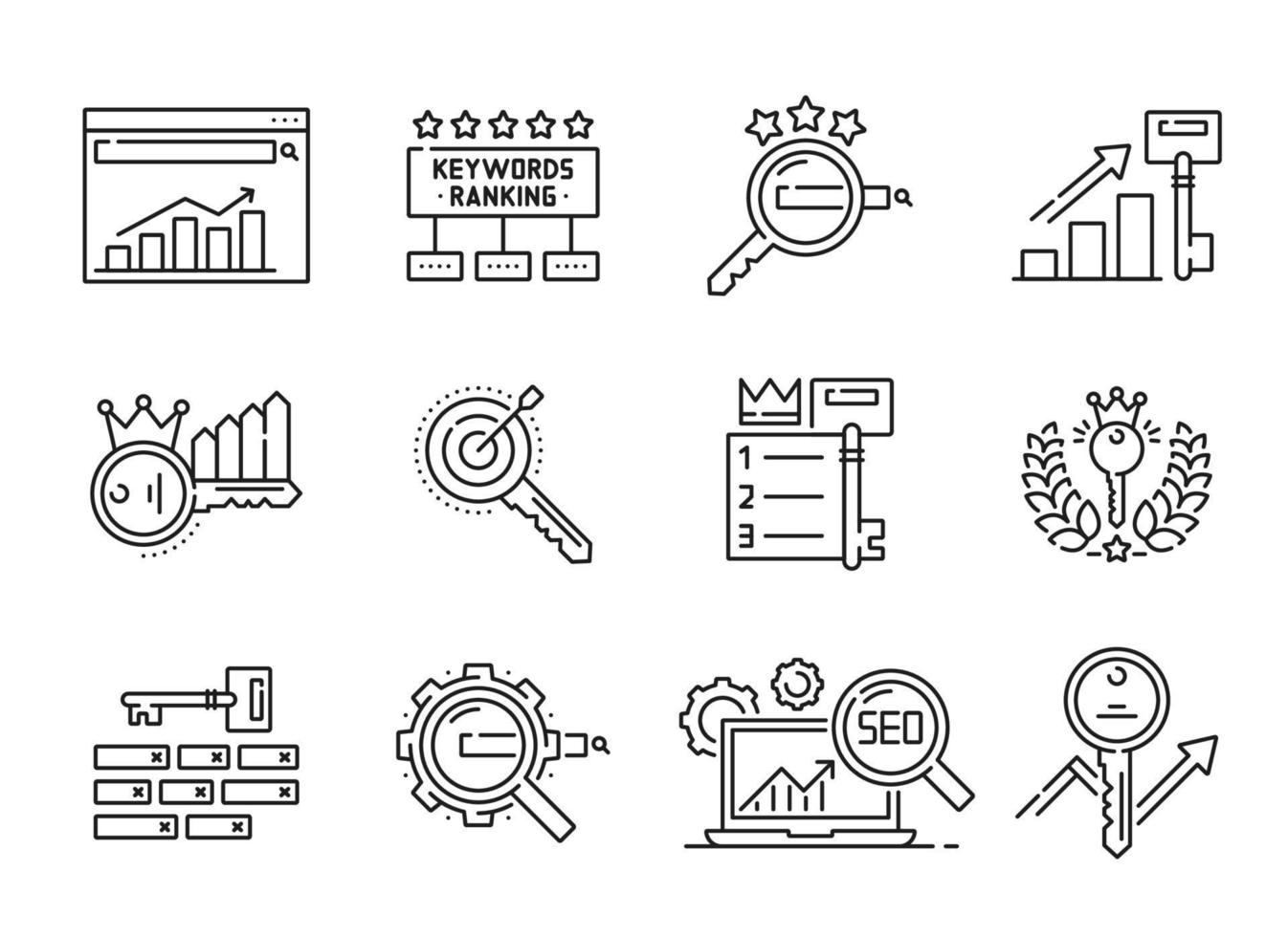 ranking de palabras clave, redes sociales e íconos de línea seo vector