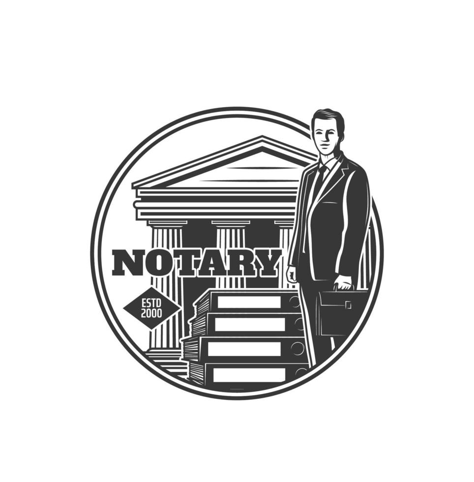 Notary service icon, lawyer and court building vector