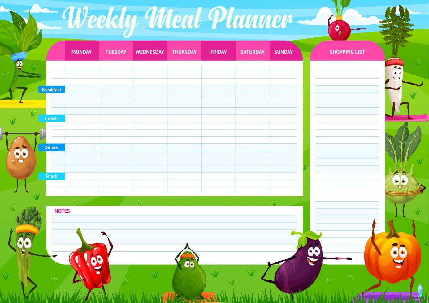 Vegetables characters doing yoga on meal planner vector