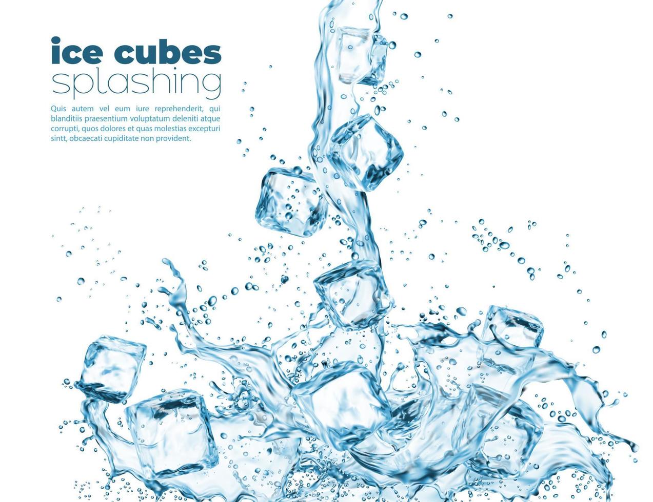salpicadura de cascada de agua azul y cubos de cristal de hielo vector