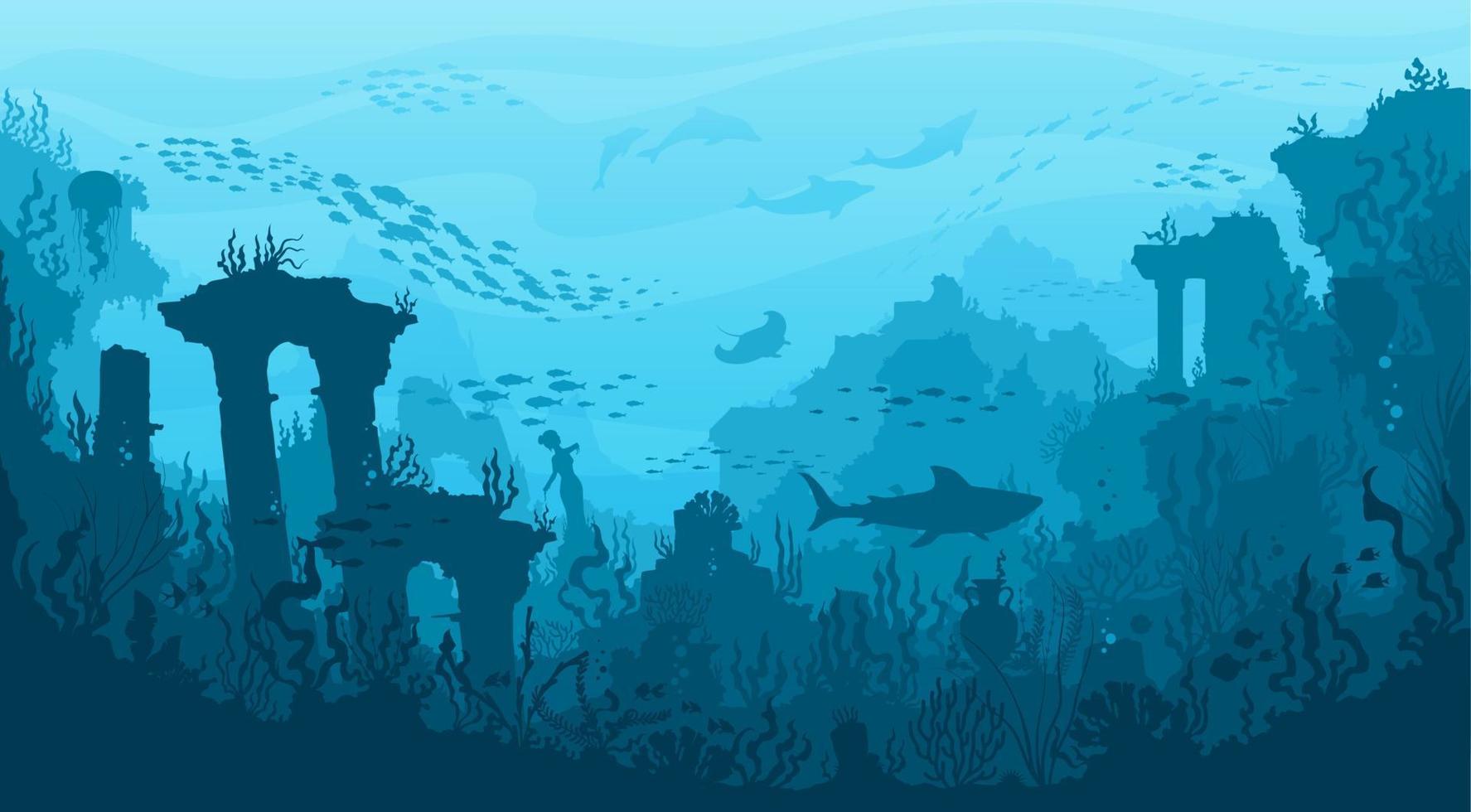 Underwater landscape, ancient city temple columns vector