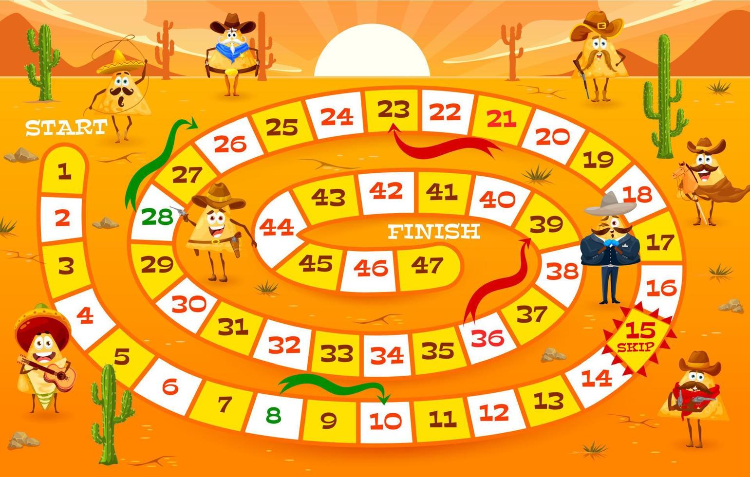 Kids board game, cartoon Mexican nachos cowboys vector