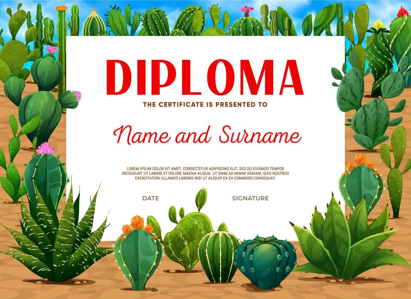 Kids diploma mexican prickly cactus succulents vector