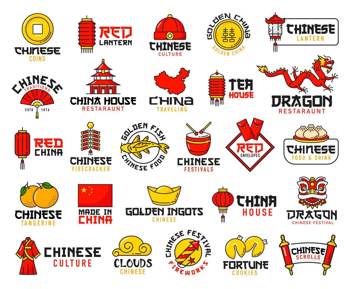 Chinese food, festival holiday, religion icons vector