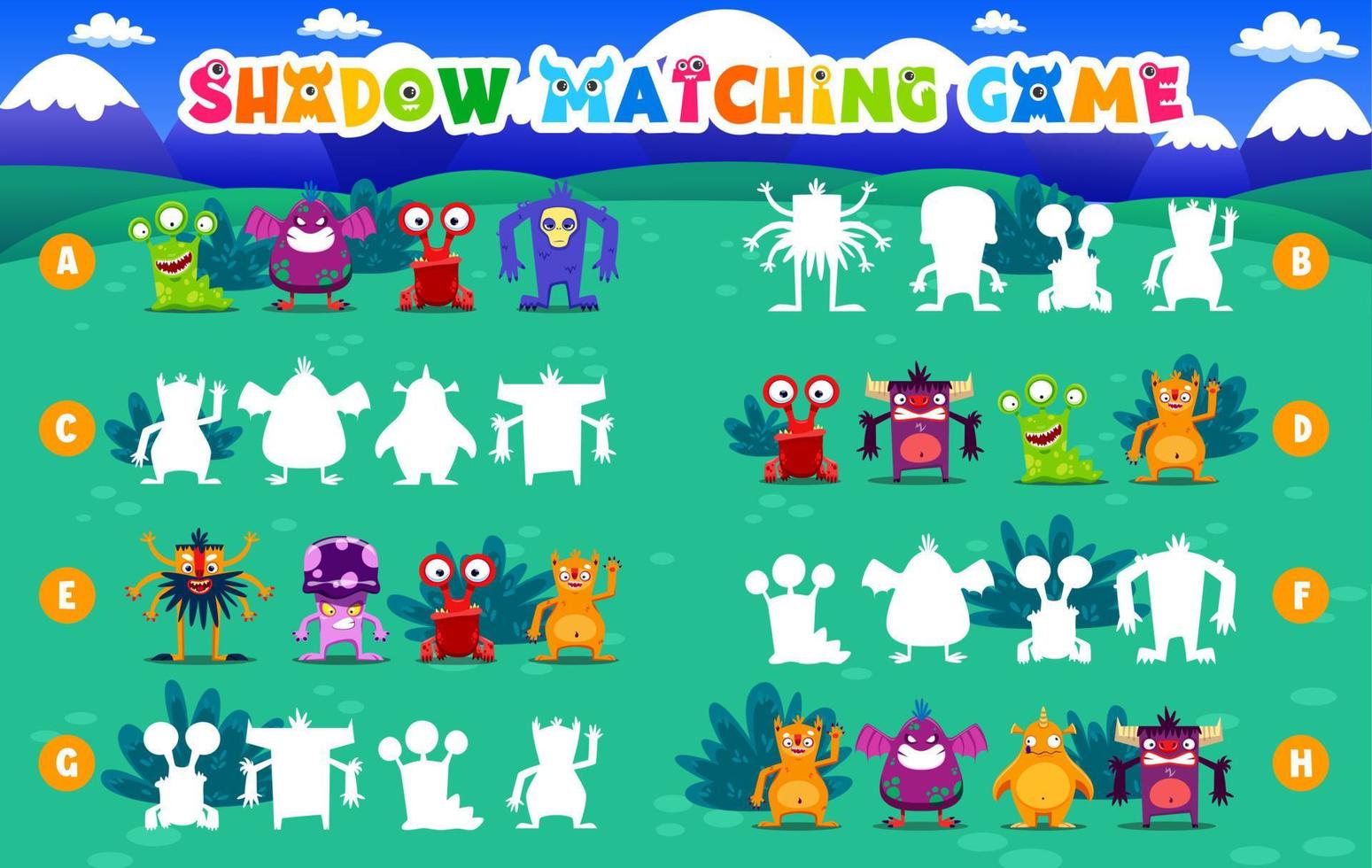Shadow match game monster characters, find shade vector