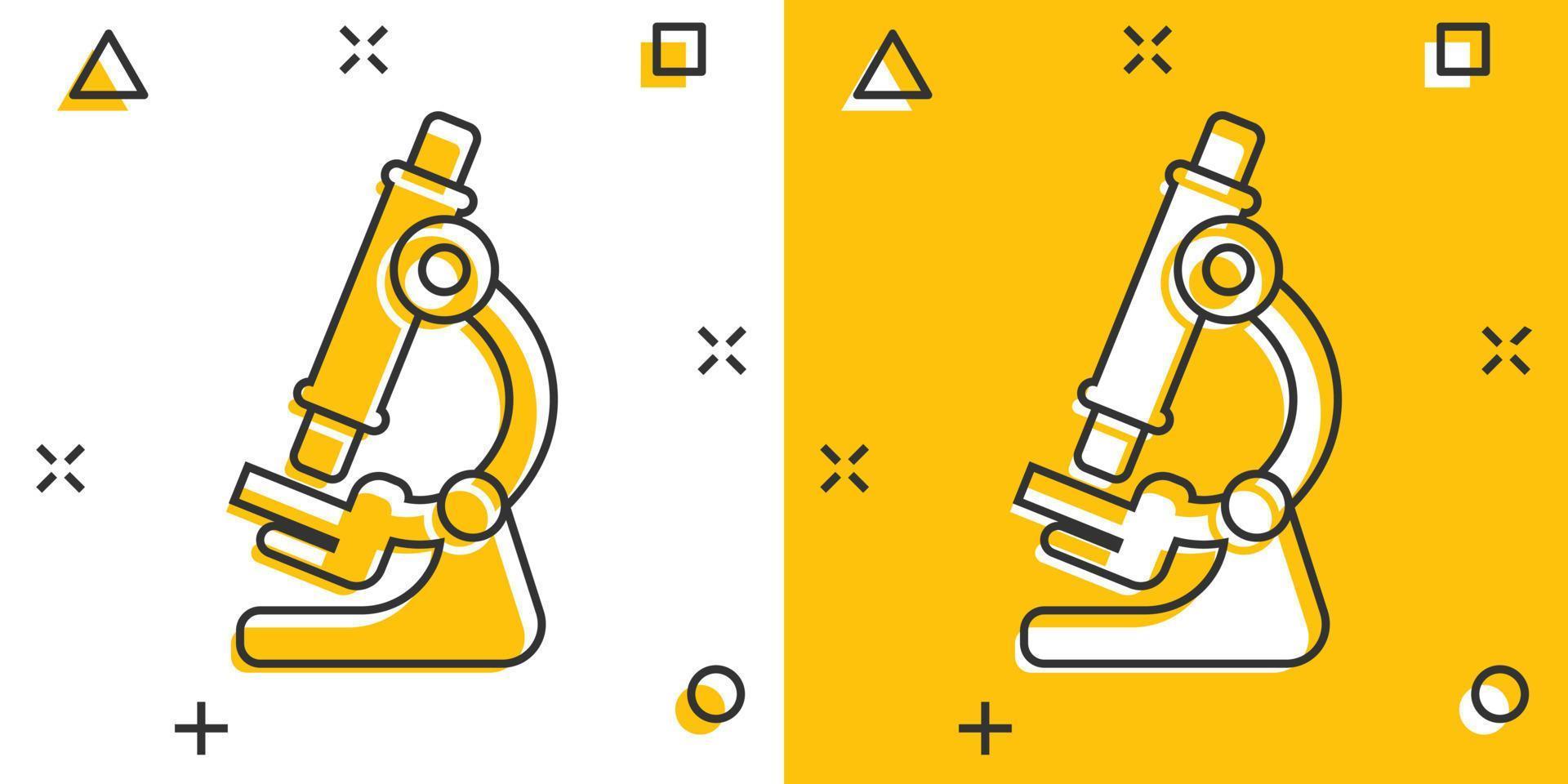 icono de microscopio en estilo cómico. Ilustración de vector de dibujos animados de lupa de laboratorio sobre fondo aislado. concepto de negocio de signo de efecto de salpicadura de instrumento de biología.