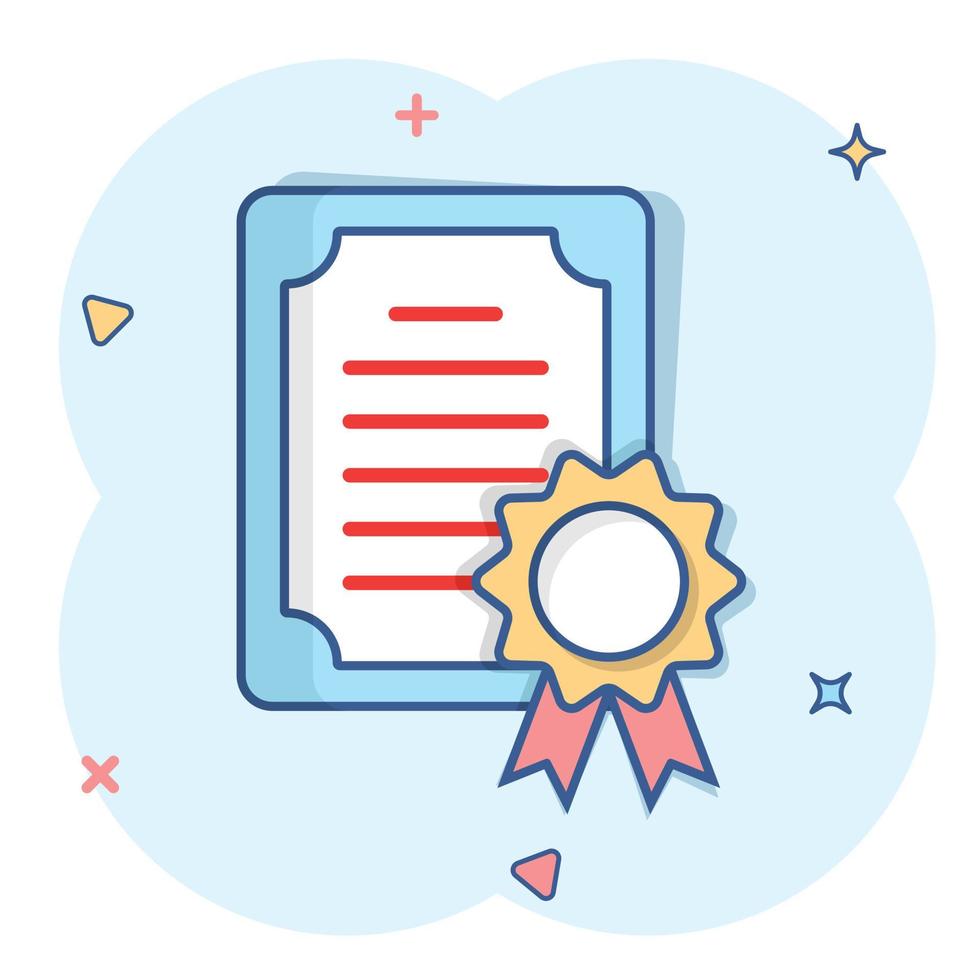 Certificate icon in comic style. License badge vector cartoon illustration on white isolated background. Winner medal splash effect business concept.