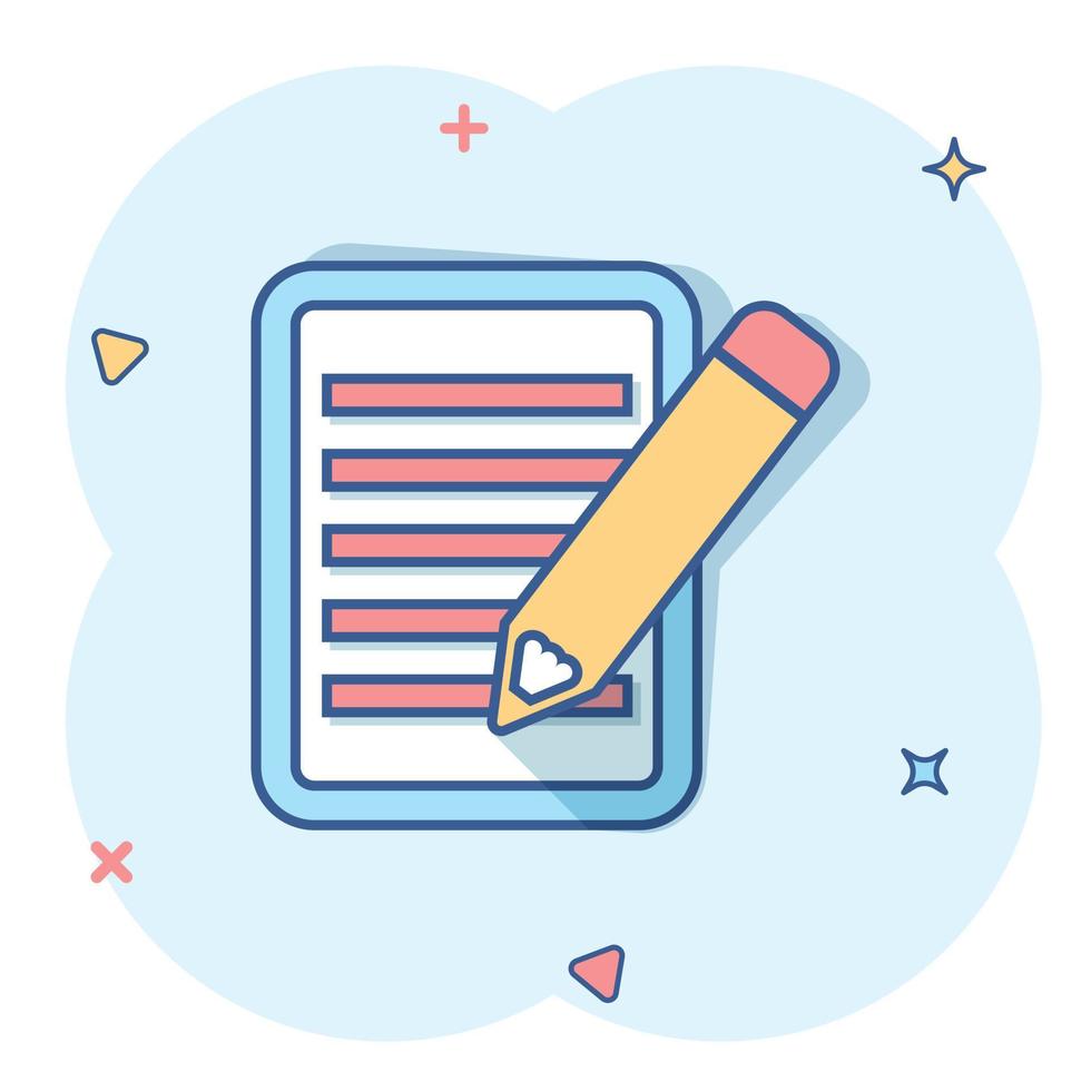 Vector cartoon document with pencil icon in comic style. Note with pen sign illustration pictogram. Notebook business splash effect concept.